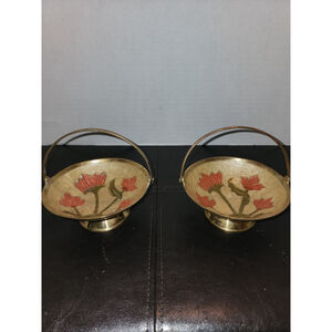 Vintage Brass Enamel Cloisonne Trinket Bowl Set 2 Floral Handpainted India